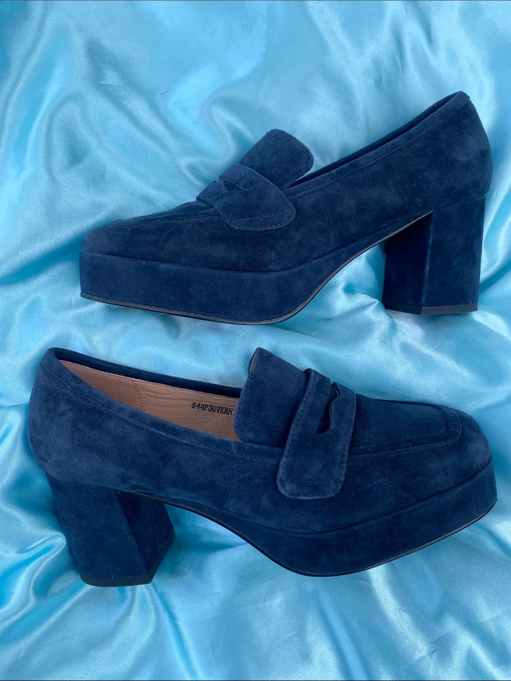 BiBi Lou Navy Blue Suede Platform Block Heel Loafers
